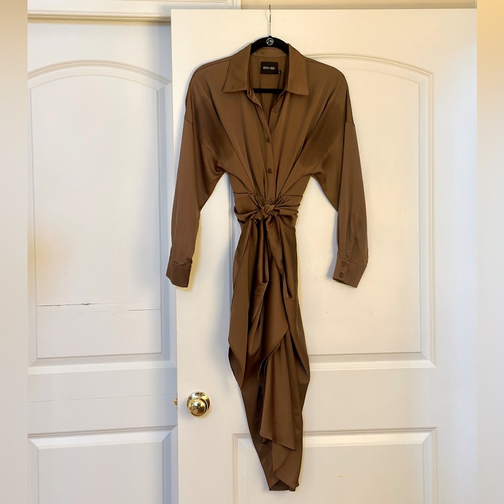 Satin Brown DO+BE Button down midi dress that cinches and ties in the waist
